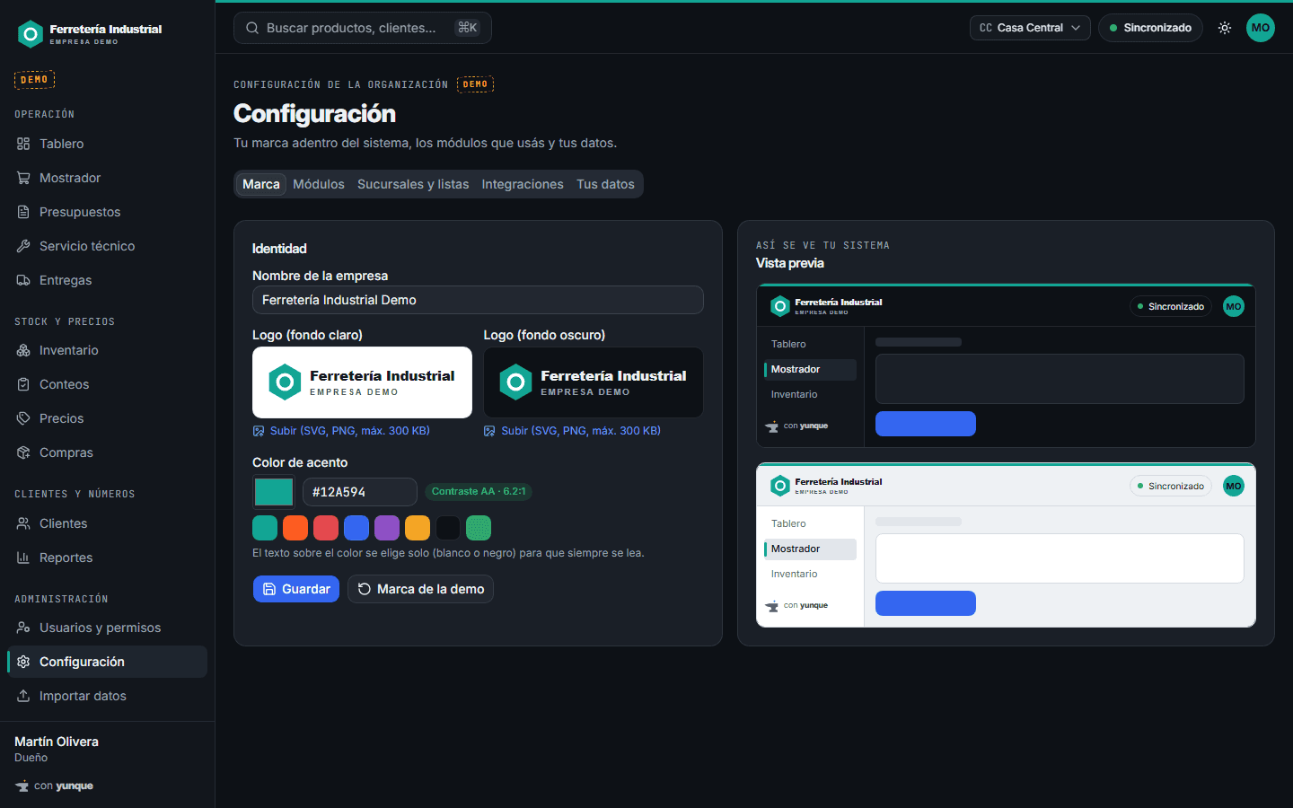Captura de Tu marca adentro con datos de la empresa demo